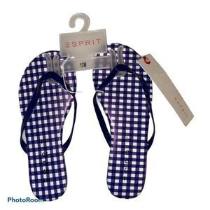 ESPRIT Blue White Checked Plaid Flip Flops Sandals